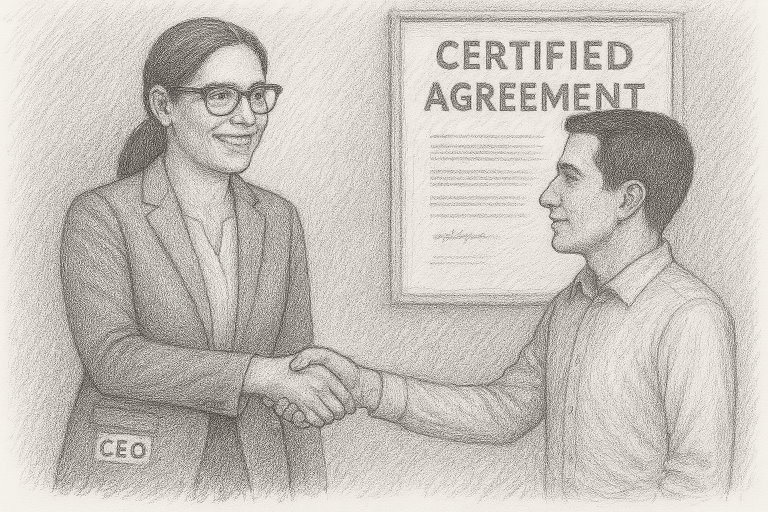 A picture showing a CEO and worker shaking hands to accept a new certified agreement.
